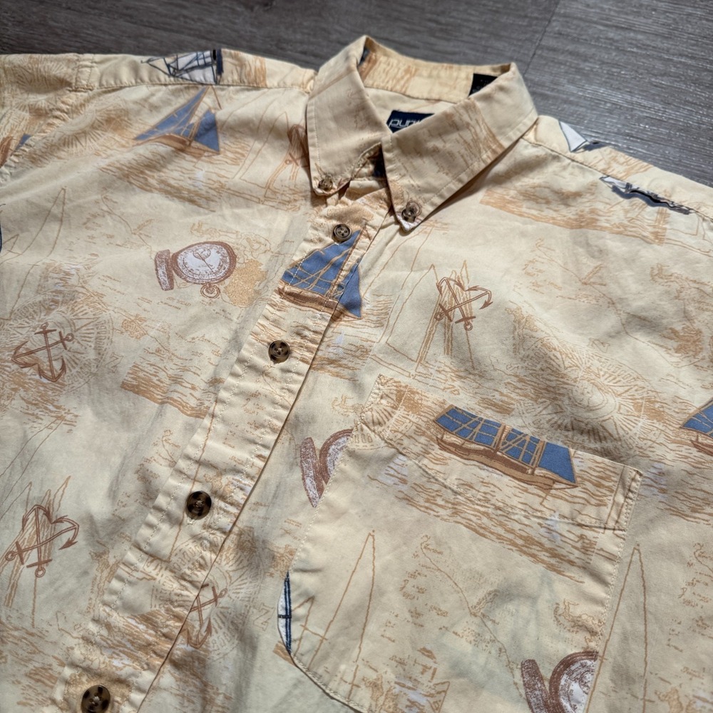 Puritan Shirt Mens Large Beige Cotton Nautical Sailboat Summer Preppy Casual